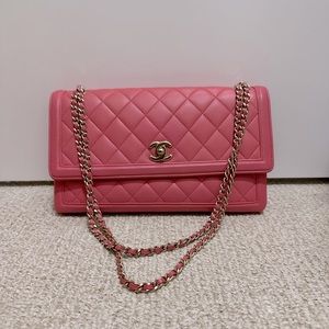 Chanel Classic Pink Fuchsia Lambskin Three Accordion Flap Shoulder Bag
